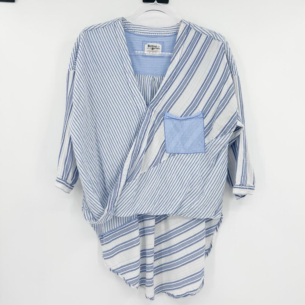 Anthro Holding Horses Blue White Stripe Wrap High Low Tunic Top Coastal Womens S - Picture 3 of 13